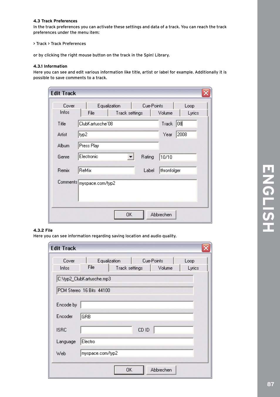 3 track preferences, 1 information, 2 file | English | Reloop SPIN!2 User Manual | Page 95 / 153