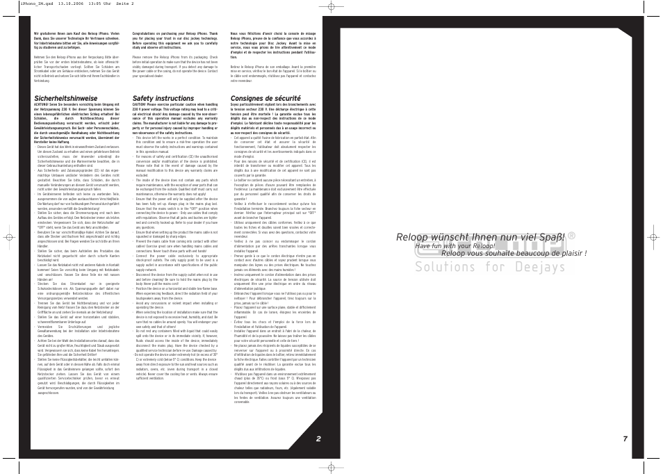 Reloop wünscht ihnen nun viel spaß, Sicherheitshinweise, Reloop vous souhaite beaucoup de plaisir | Safety instructions, Consignes de sécurité, Have fun with your reloop | Reloop IPHONO User Manual | Page 2 / 8