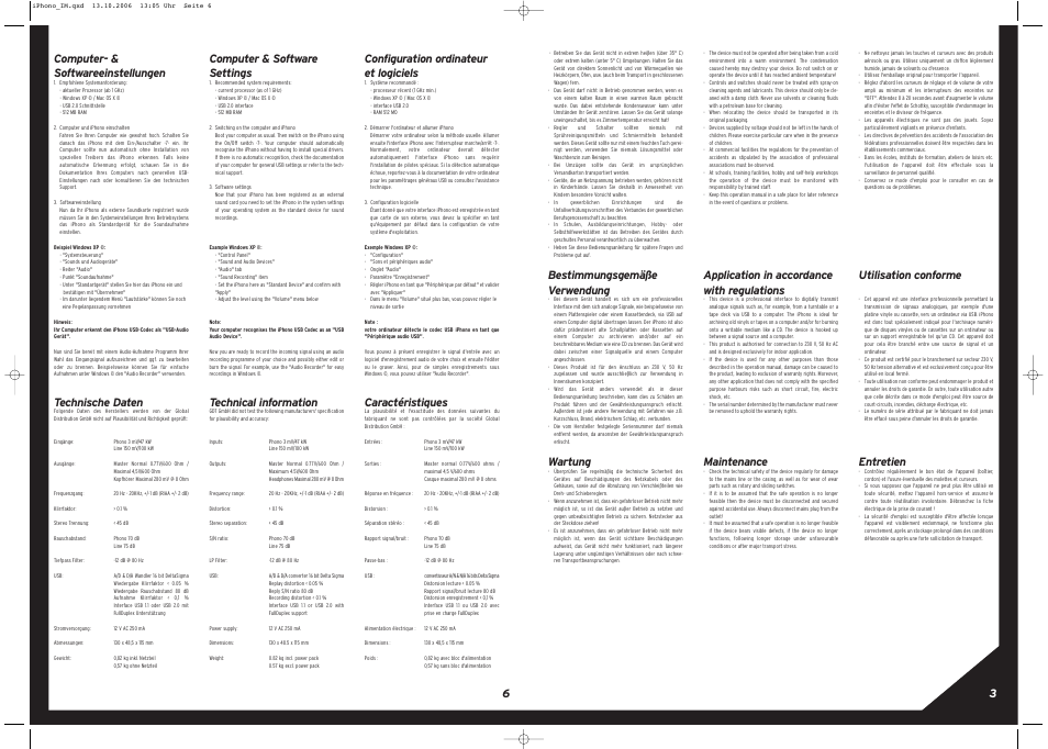 Bestimmungsgemäße verwendung, Wartung, 36 computer- & softwareeinstellungen | Technische daten, Application in accordance with regulations, Maintenance, Computer & software settings, Technical information, Utilisation conforme, Entretien | Reloop IPHONO User Manual | Page 3 / 8