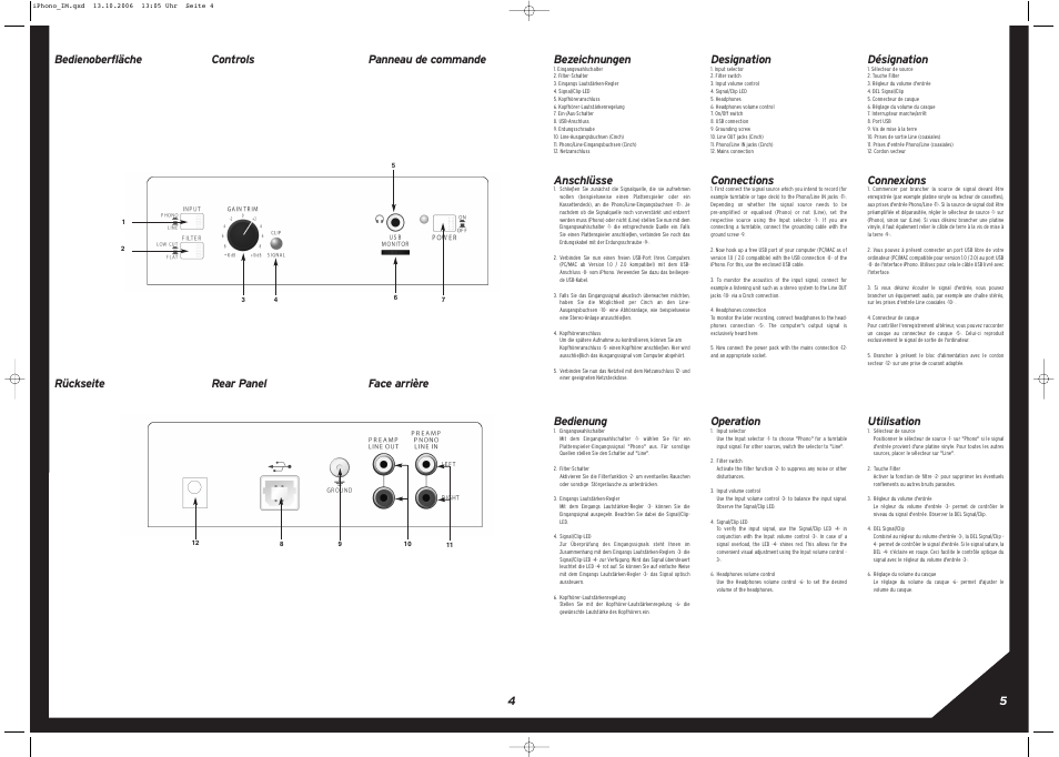 Anschlüsse, Bedienung, Designation | Connections, Operation, Désignation, Connexions, Utilisation | Reloop IPHONO User Manual | Page 4 / 8