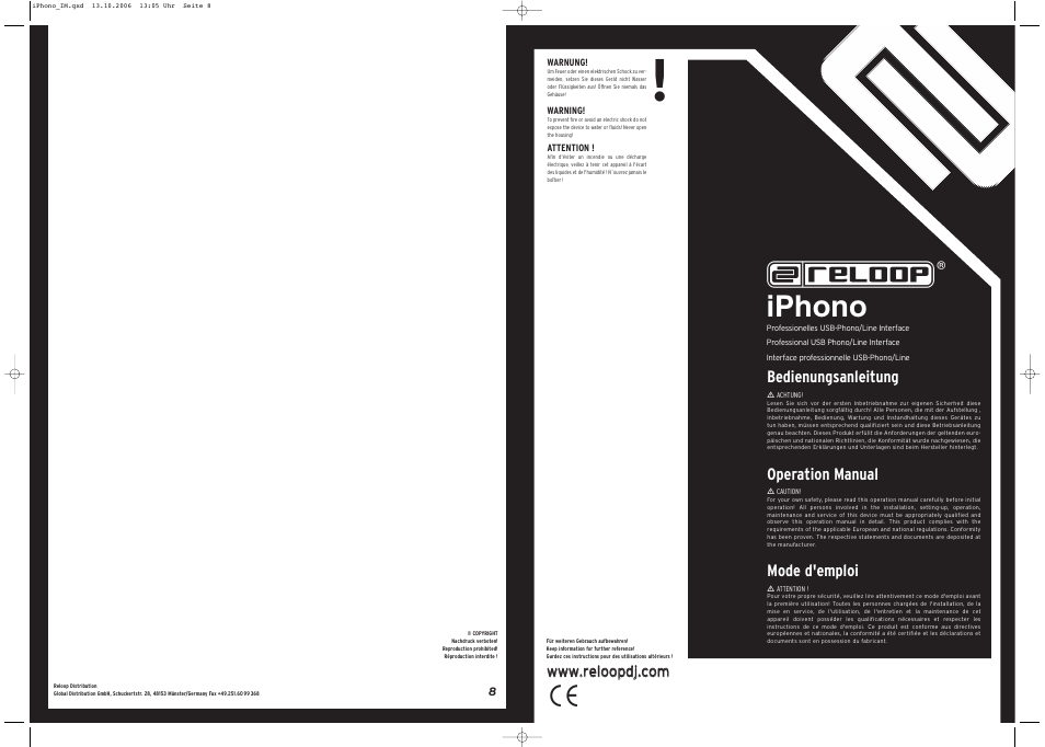 Iphono, Bedienungsanleitung, Operation manual | Mode d'emploi | Reloop IPHONO User Manual | Page 8 / 8
