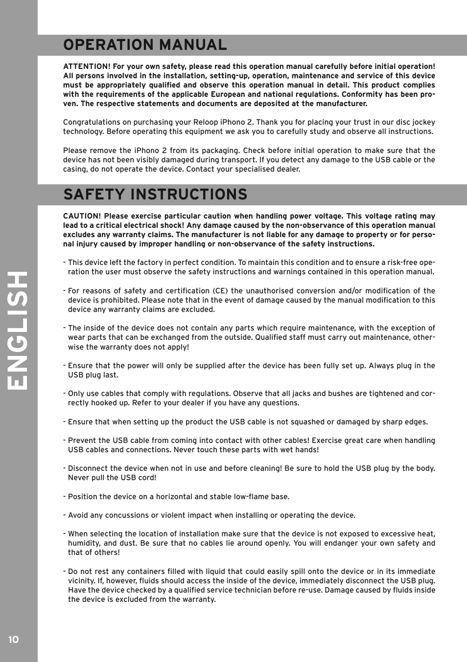 English, Safety instructions, Operation manual | For your own safety, please read this, Tial operation! all persons involved in the ins | Reloop IPHONO 2 User Manual | Page 10 / 28