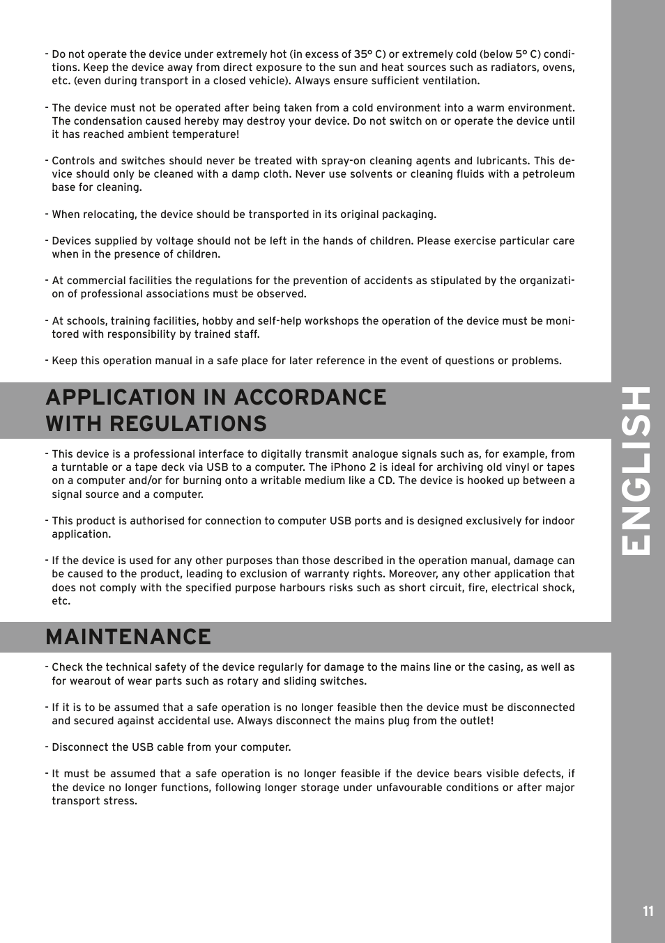 Application in accordance, With regulations, Maintenance | Manufacturer, Mode d‘emploi, English, Application in accordance with regulations | Reloop IPHONO 2 User Manual | Page 11 / 28