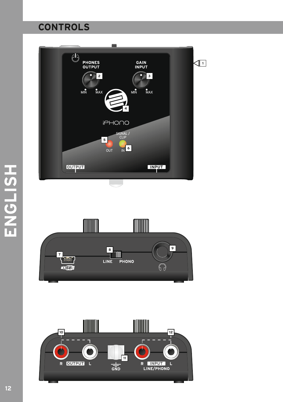 Controls, Controls 12, Attention | English | Reloop IPHONO 2 User Manual | Page 12 / 28