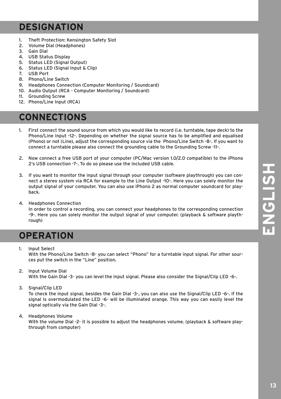 Designation, Connections, Operation | Designation 13 connections 13 operation 13, Pour votre propre sécurité, veuille, Avant la première utilisation ! toutes, De la mise en service, de l‘utilisation, de l, Cet appareil doivent, English | Reloop IPHONO 2 User Manual | Page 13 / 28