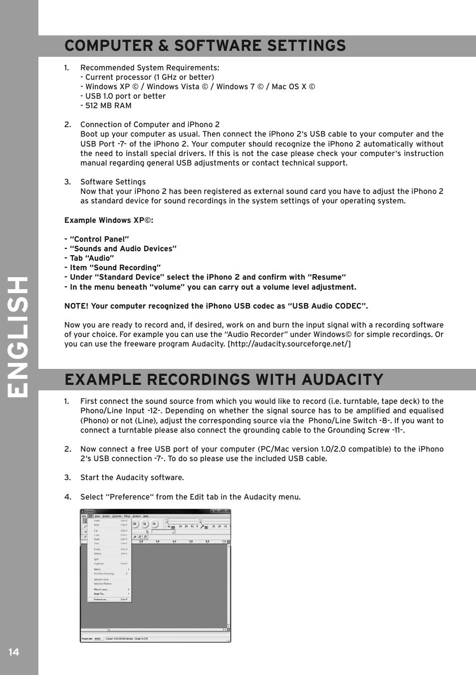 Computer & software settings, Example recordings with audacity, Instructions de ce mode d‘emploi. ce produit est c | Et documents sont en possession du fabricant, English | Reloop IPHONO 2 User Manual | Page 14 / 28