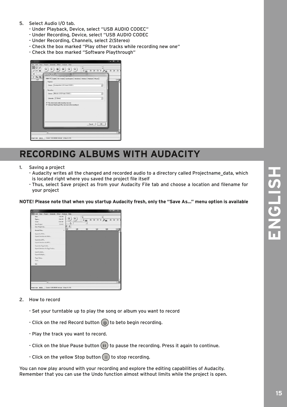 Recording albums with audacity, English | Reloop IPHONO 2 User Manual | Page 15 / 28