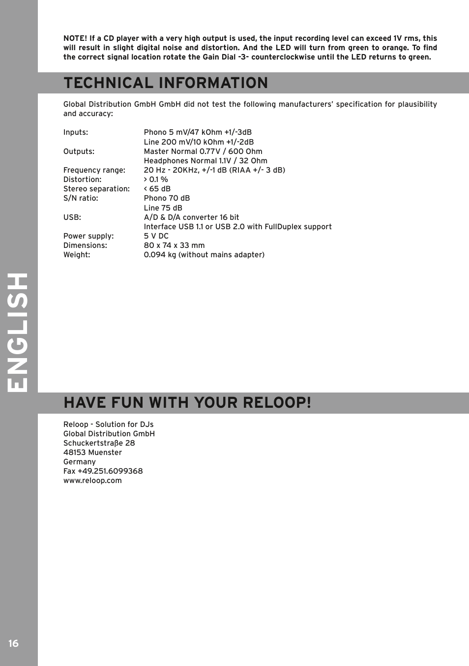 Technical information, Technical information 16, Deutsch | English, Have fun with your reloop | Reloop IPHONO 2 User Manual | Page 16 / 28