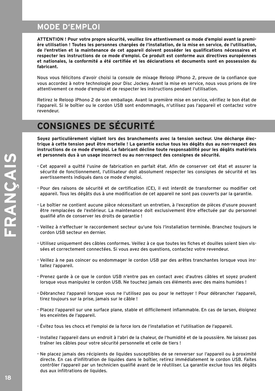 Francais, Consignes de sécurité, Mode d‘emploi | Consignes de sécurité 18, Français 18, Fr an ç ais | Reloop IPHONO 2 User Manual | Page 18 / 28