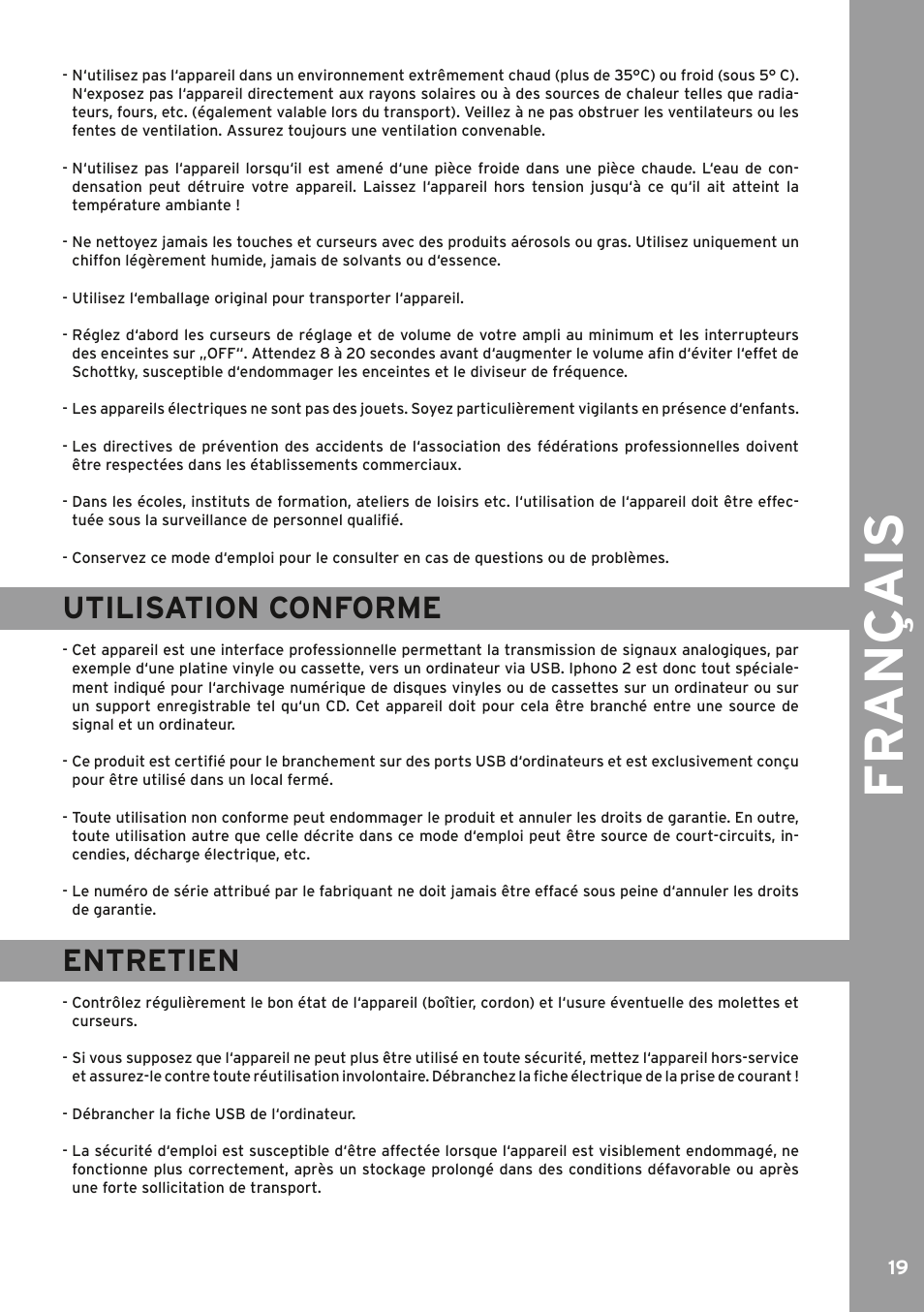 Utilisation conforme, Entretien, Utilisation conforme 19 entretien 19 | Fr an ç ais | Reloop IPHONO 2 User Manual | Page 19 / 28