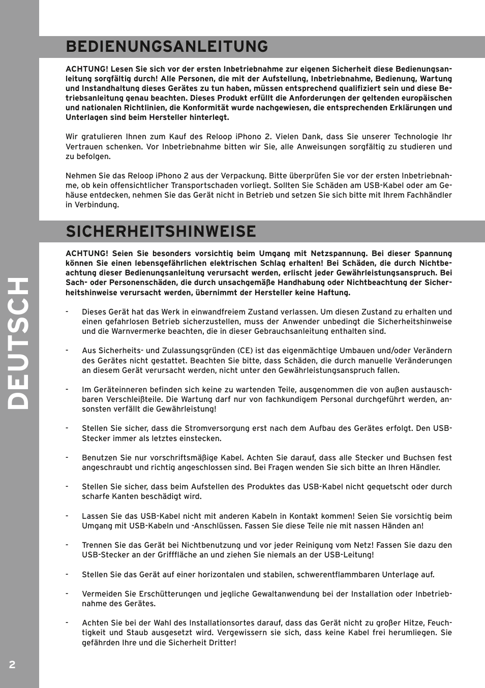 Deutsch, Sicherheitshinweise, Ch 2 | Sicherheitshinweise 2, De ut s ch, Bedienungsanleitung | Reloop IPHONO 2 User Manual | Page 2 / 28