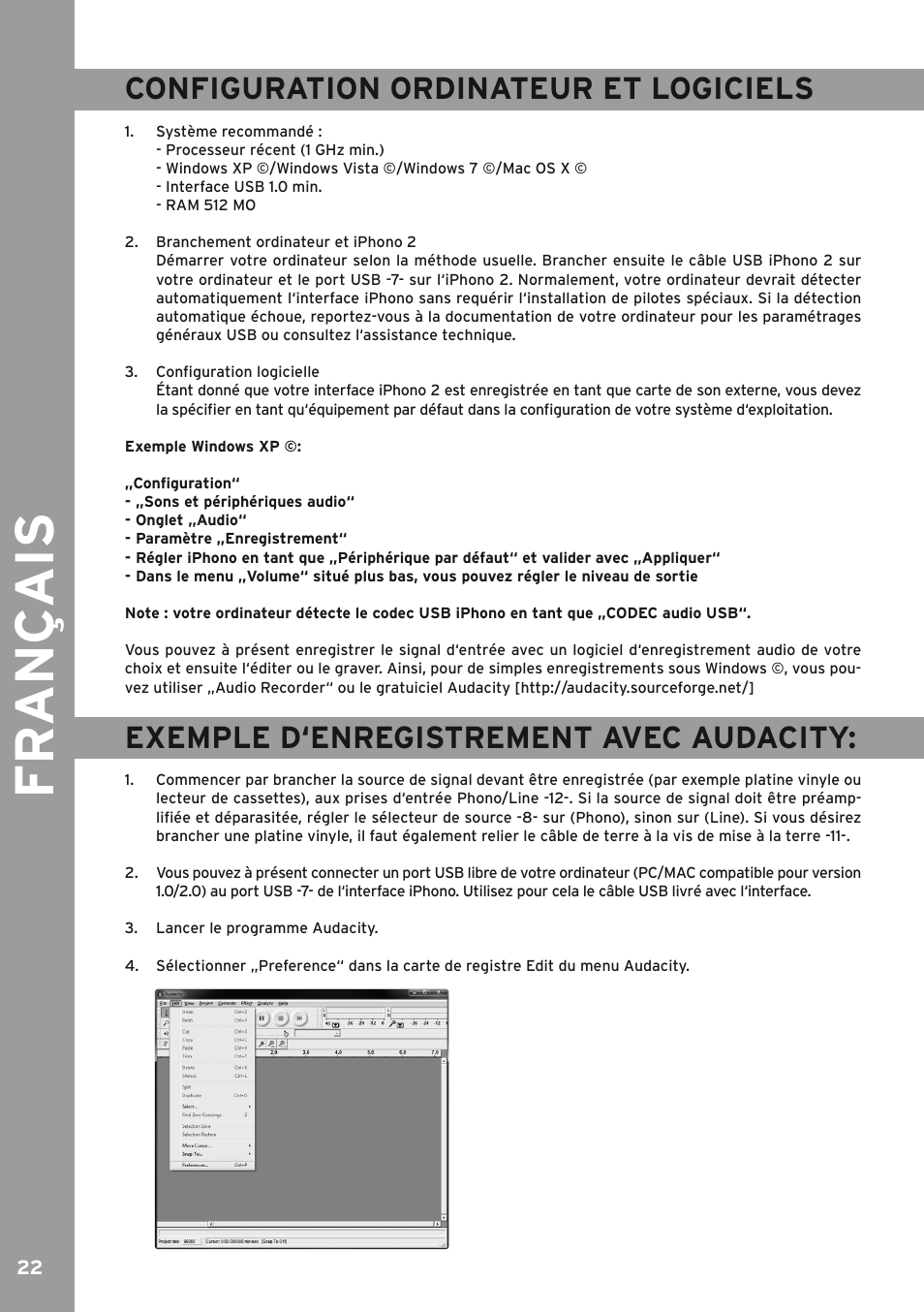 Configuration ordinateur et logiciels, Exemple d‘enregistrement avec audacity, Warning | Fr an ç ais | Reloop IPHONO 2 User Manual | Page 22 / 28