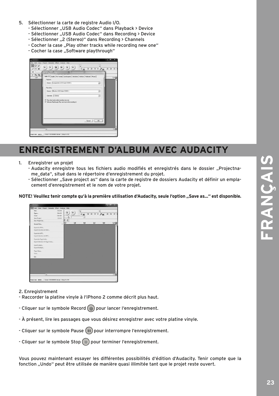 Enregistrement d‘album avec audacity, Fr an ç ais | Reloop IPHONO 2 User Manual | Page 23 / 28