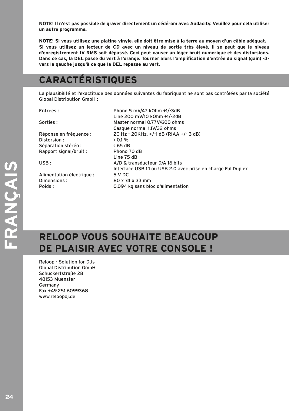 Caractéristiques, Fr an ç ais | Reloop IPHONO 2 User Manual | Page 24 / 28