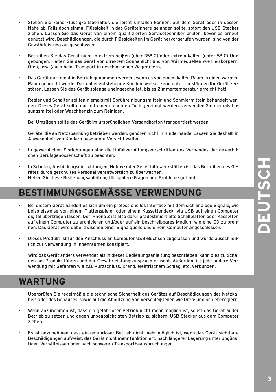 Bestimmungsgemäße verwendung, Wartung, Wartung 3 | Bedienungsanleitung, Achtung, De ut s ch, Bestimmungsgemässe verwendung | Reloop IPHONO 2 User Manual | Page 3 / 28