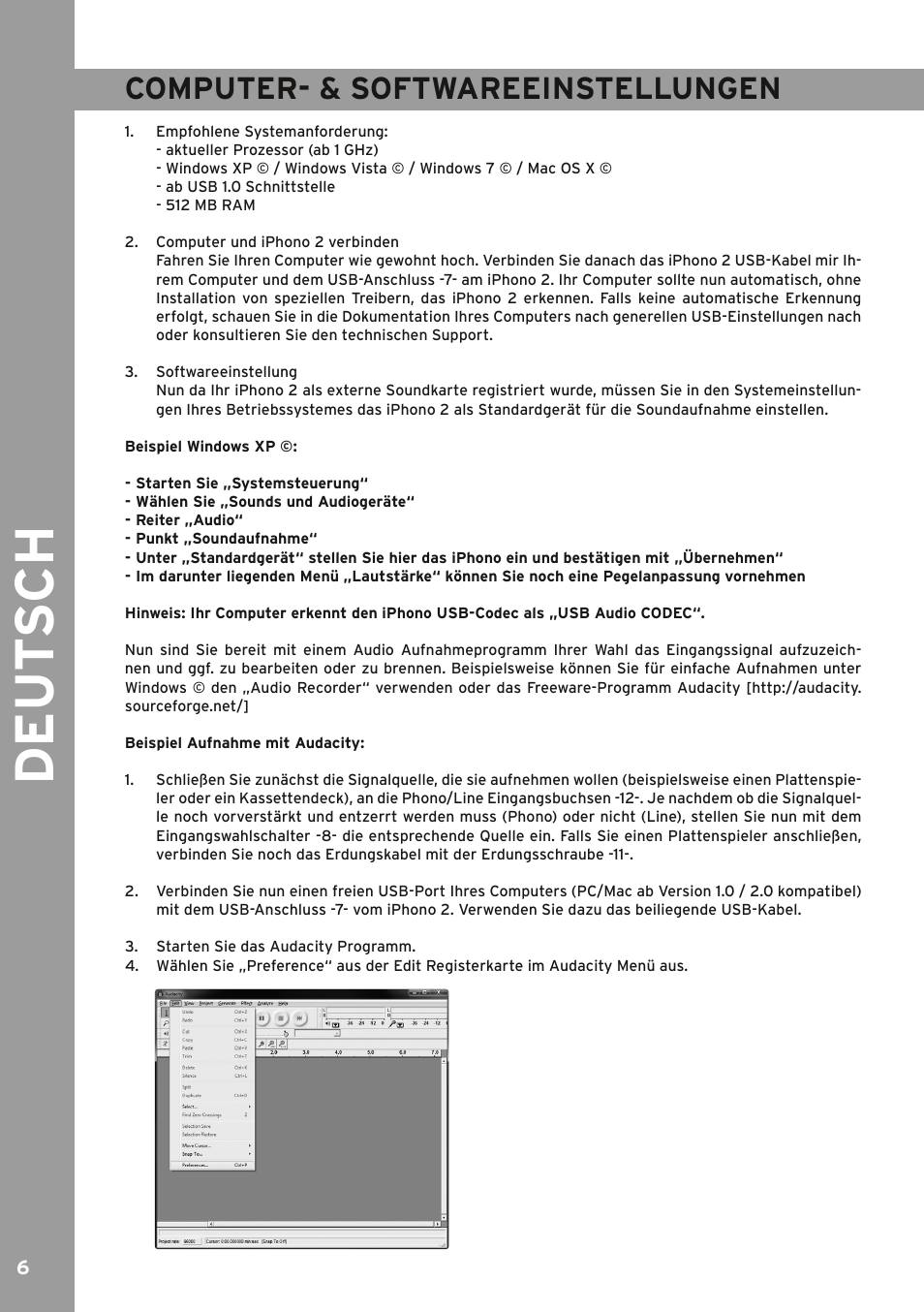 Computer- & softwareeinstellungen, Beispiel aufnahme mit audacity, Beispiel aufnahme mit audacity: 6 | Hersteller hinterlegt, De ut s ch | Reloop IPHONO 2 User Manual | Page 6 / 28