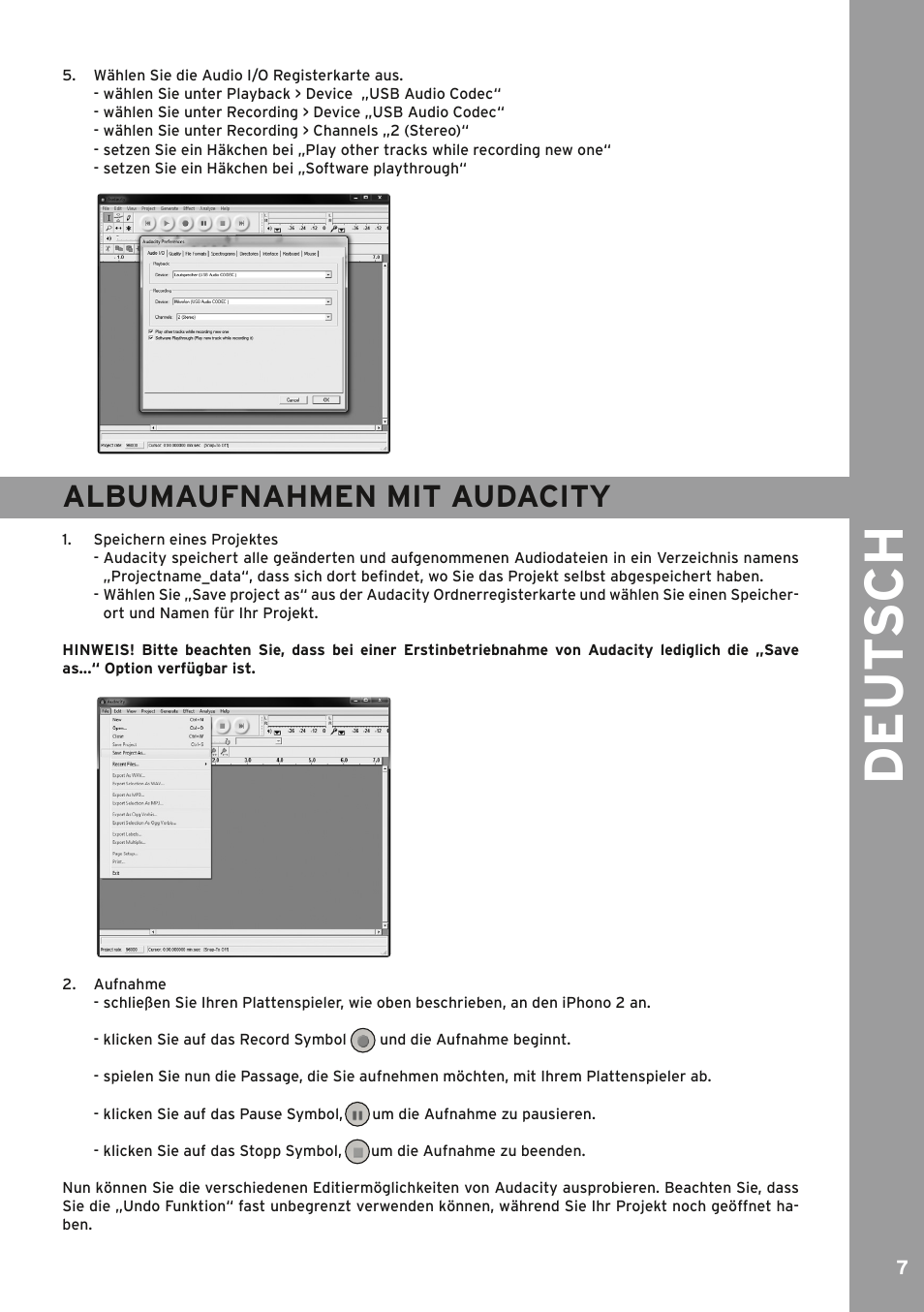 Albumaufnahmen mit audacity, Albumaufnahmen mit audacity 7, De ut s ch | Reloop IPHONO 2 User Manual | Page 7 / 28