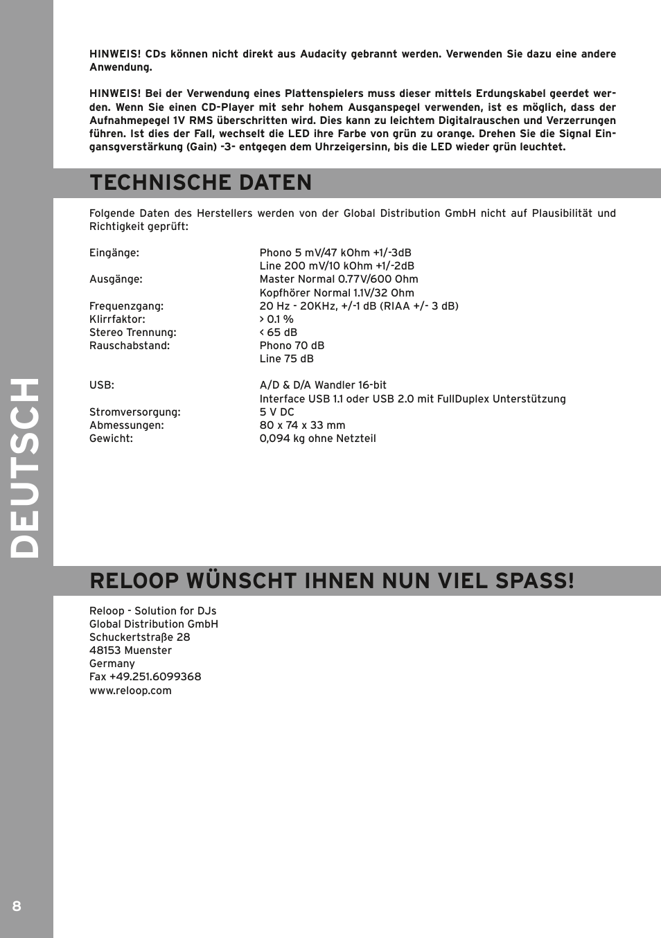 Technische daten, Instruction manual, De ut s ch | Reloop wünscht ihnen nun viel spass | Reloop IPHONO 2 User Manual | Page 8 / 28