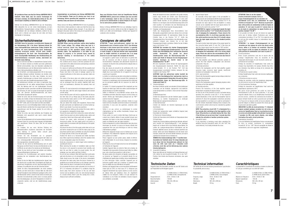 Sicherheitshinweise, Technische daten, Safety instructions | Technical information, Consignes de sécurité, Caractéristiques | Reloop AMPEROR 2900 B User Manual | Page 2 / 4