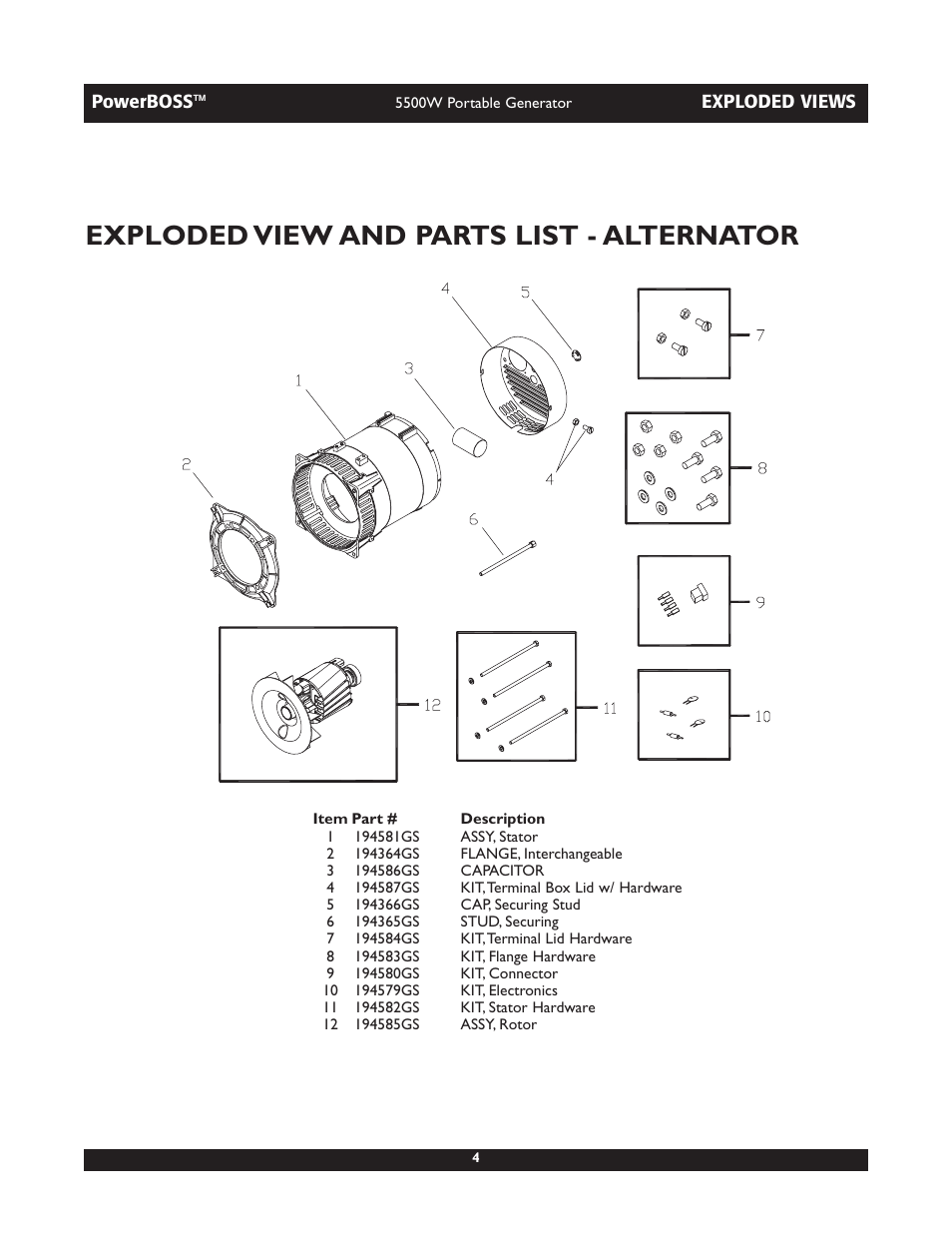 Exploded view and parts list - alternator | Briggs & Stratton PowerBoss 30255 User Manual | Page 4 / 5