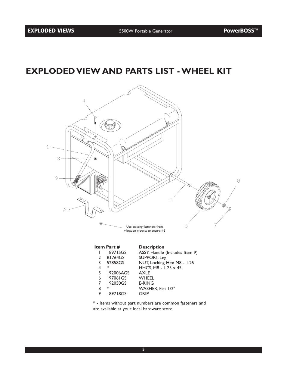 Exploded view and parts list - wheel kit | Briggs & Stratton PowerBoss 30255 User Manual | Page 5 / 5