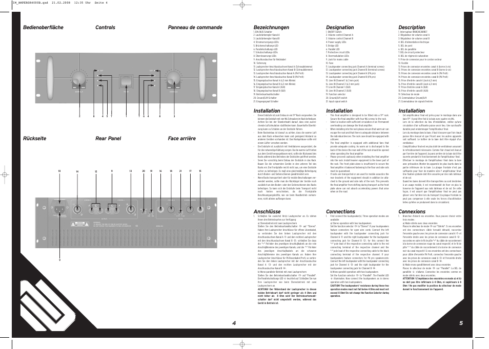 54 bezeichnungen, Installation, Anschlüsse | Controls rear panel designation, Connections, Panneau de commande face arrière description, Connexions, Bedienoberfläche rückseite | Reloop AMPEROR 4000 B User Manual | Page 4 / 8