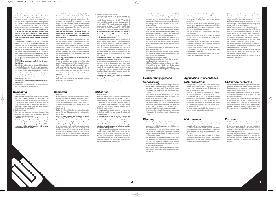 Bestimmungsgemäße verwendung, Wartung, Bedienung | Application in accordance with regulations, Maintenance, Operation, Utilisation conforme, Entretien, Utilisation | Reloop AMPEROR 4000 B User Manual | Page 6 / 8