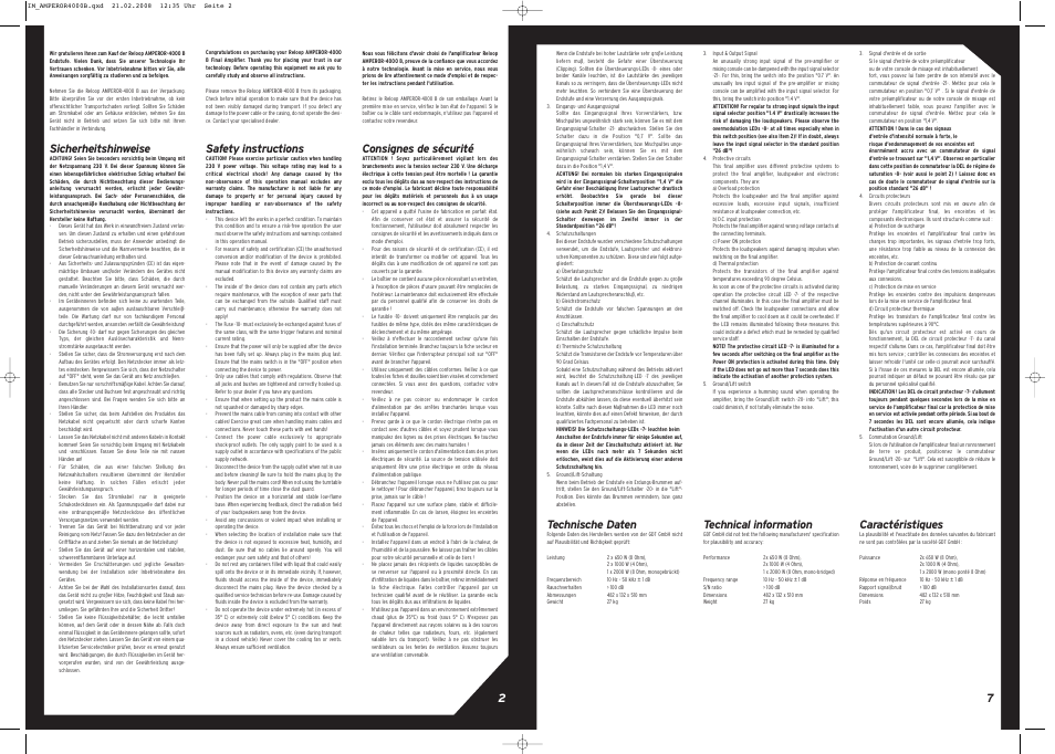 Sicherheitshinweise, Technische daten, Safety instructions | Technical information, Consignes de sécurité, Caractéristiques | Reloop AMPEROR 4000 B User Manual | Page 7 / 8