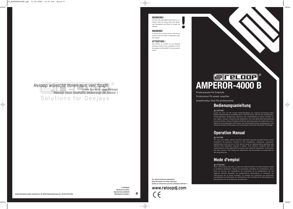 Amperor-4000 b, Bedienungsanleitung, Operation manual | Mode d'emploi | Reloop AMPEROR 4000 B User Manual | Page 8 / 8