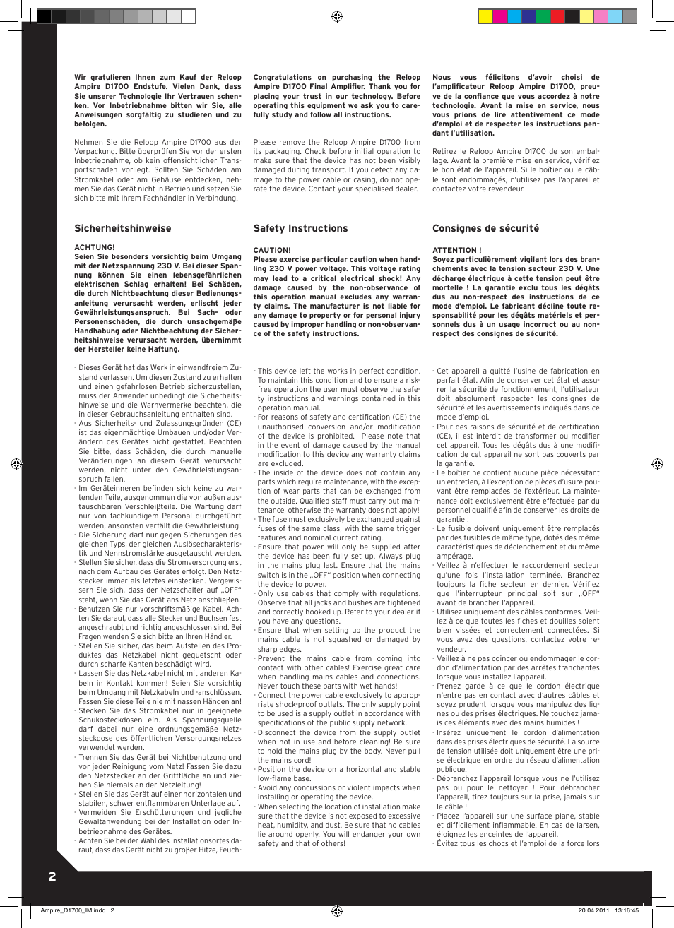 Sicherheitshinweise, Safety instructions, Consignes de sécurité | Reloop AMPIRE D1700 User Manual | Page 2 / 8