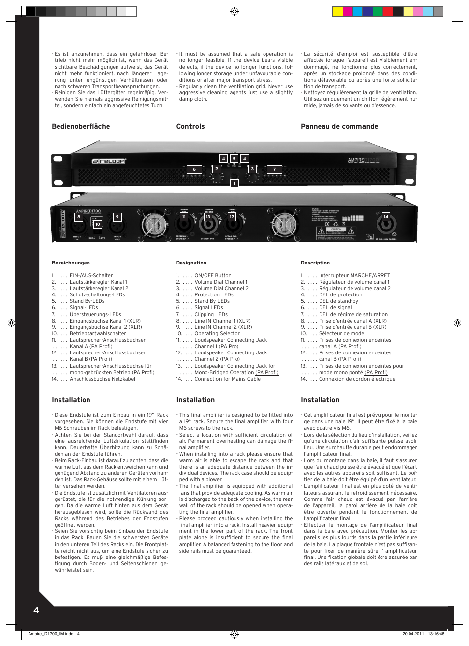 Bedienoberfläche, Installation, Controls | Panneau de commande | Reloop AMPIRE D1700 User Manual | Page 4 / 8