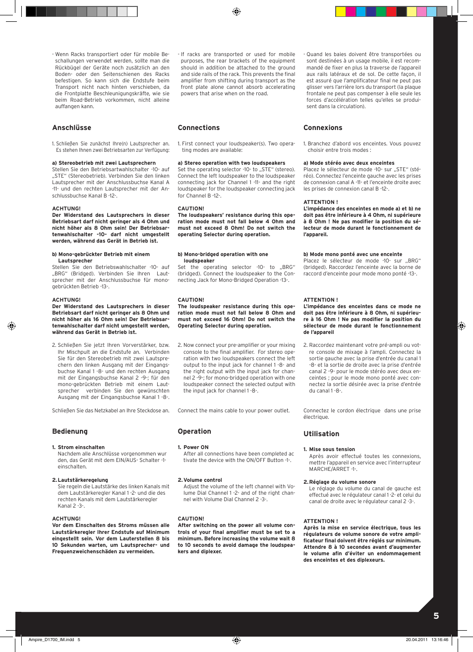 Anschlüsse, Bedienung, Connections | Operation, Connexions, Utilisation | Reloop AMPIRE D1700 User Manual | Page 5 / 8