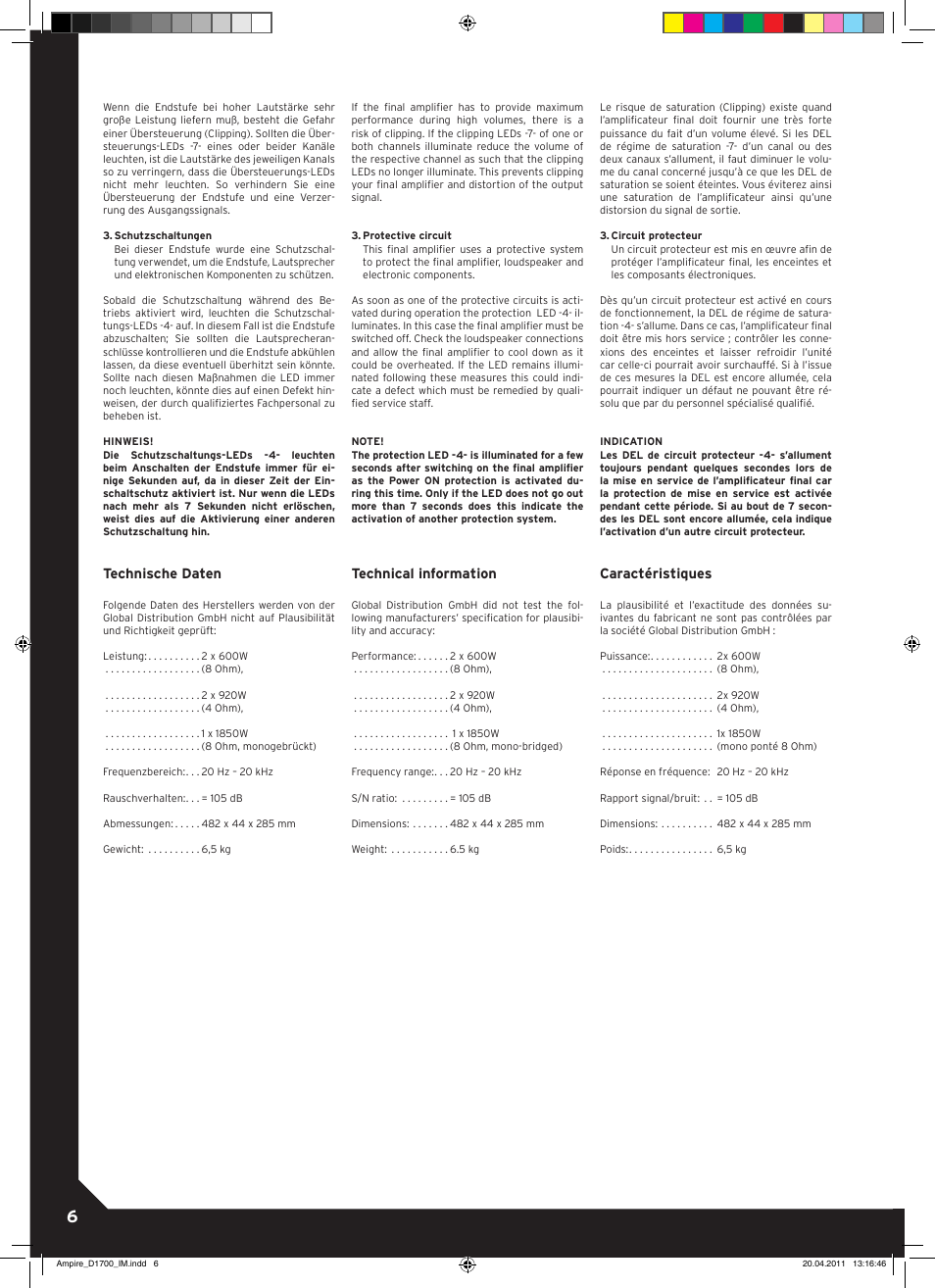 Technische daten, Technical information, Caractéristiques | Reloop AMPIRE D1700 User Manual | Page 6 / 8