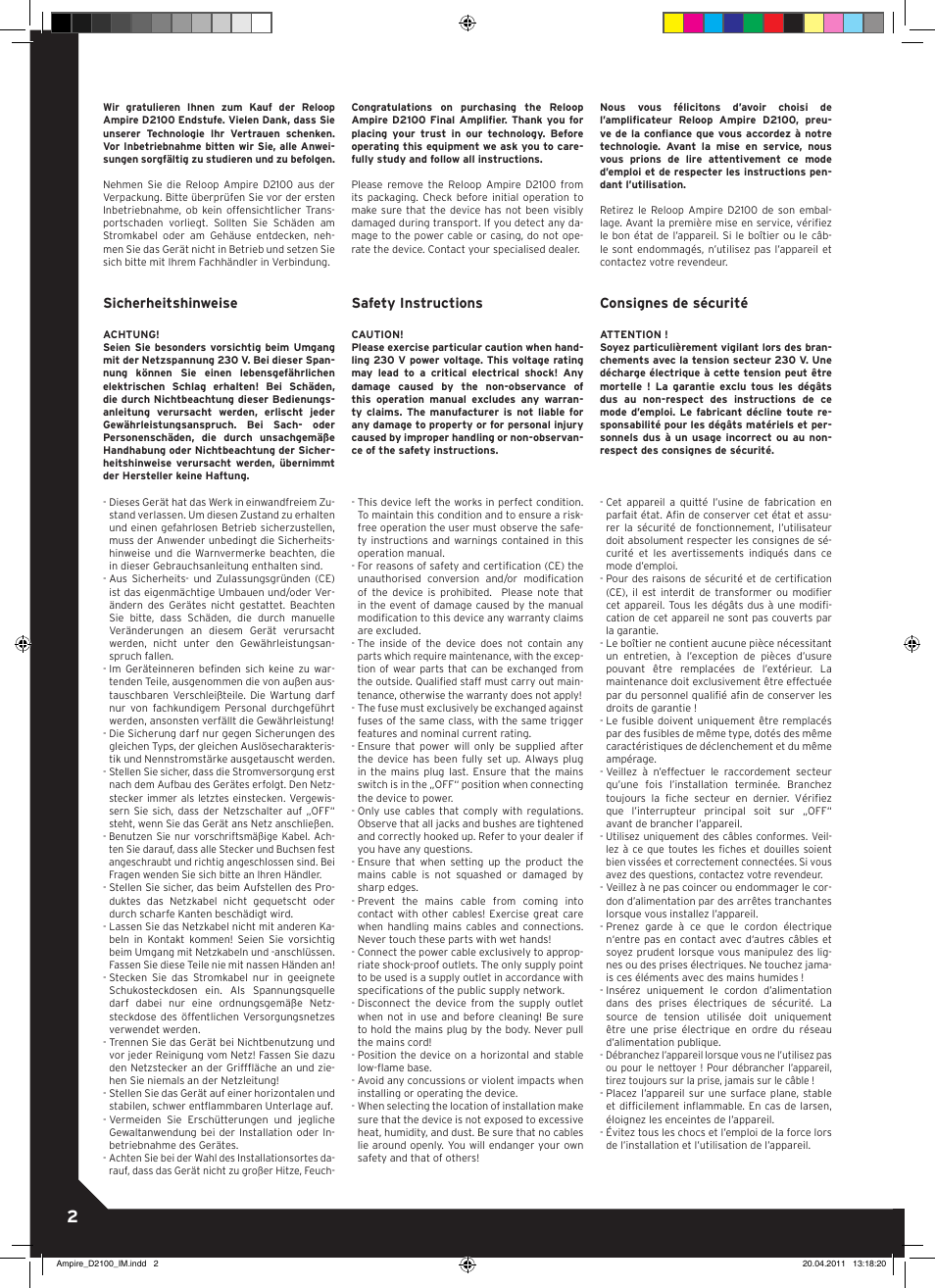 Sicherheitshinweise, Safety instructions, Consignes de sécurité | Reloop AMPIRE D2100 User Manual | Page 2 / 8