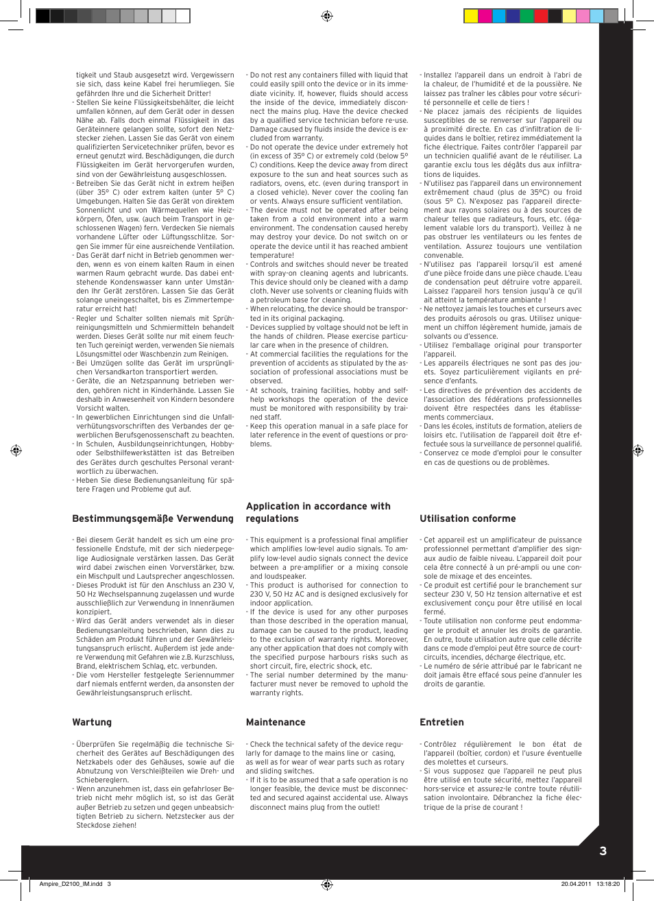 Bestimmungsgemäße verwendung, Wartung, Application in accordance with regulations | Maintenance, Utilisation conforme, Entretien | Reloop AMPIRE D2100 User Manual | Page 3 / 8