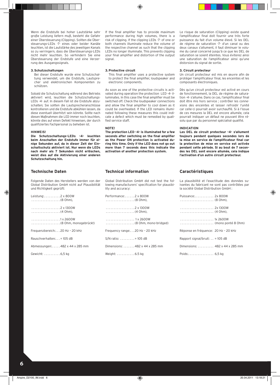 Technische daten, Technical information, Caractéristiques | Reloop AMPIRE D2100 User Manual | Page 6 / 8