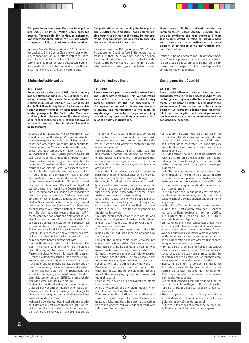 Sicherheitshinweise, Safety instructions, Consignes de sécurité | Reloop AMPIRE D2500 User Manual | Page 2 / 8