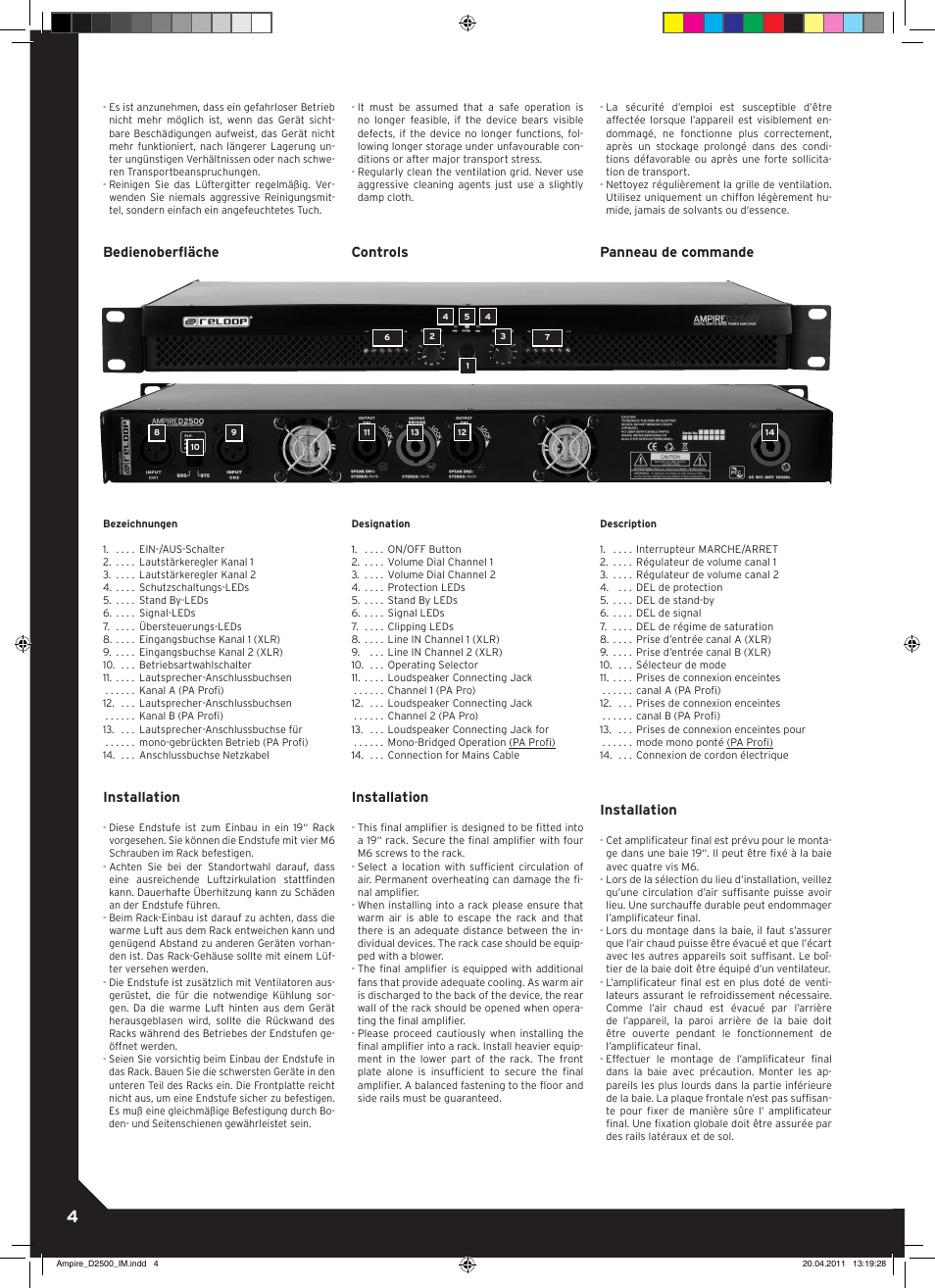 Bedienoberfläche, Installation, Controls | Panneau de commande | Reloop AMPIRE D2500 User Manual | Page 4 / 8