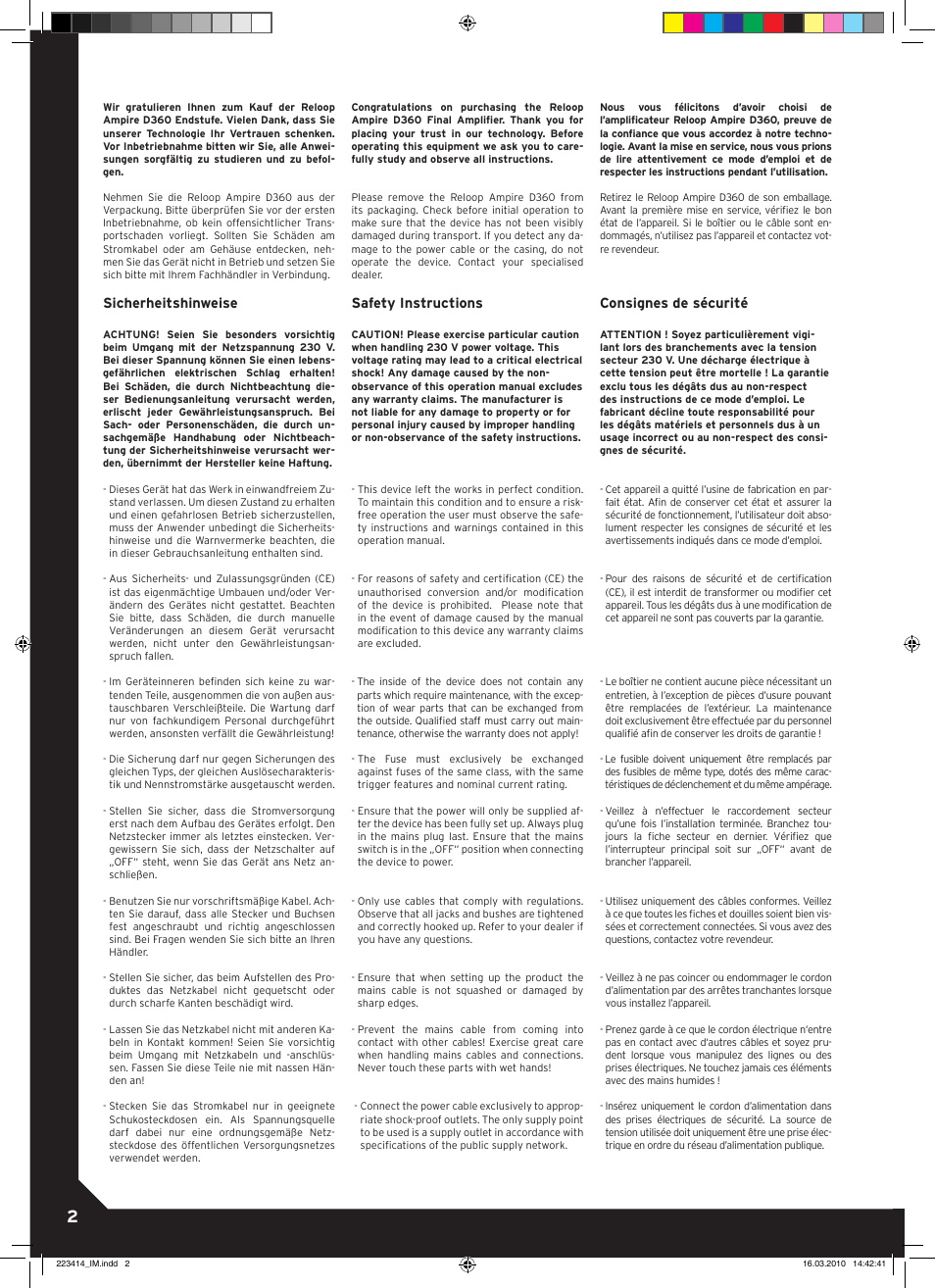 Sicherheitshinweise, Safety instructions, Consignes de sécurité | Reloop AMPIRE D360 User Manual | Page 2 / 8