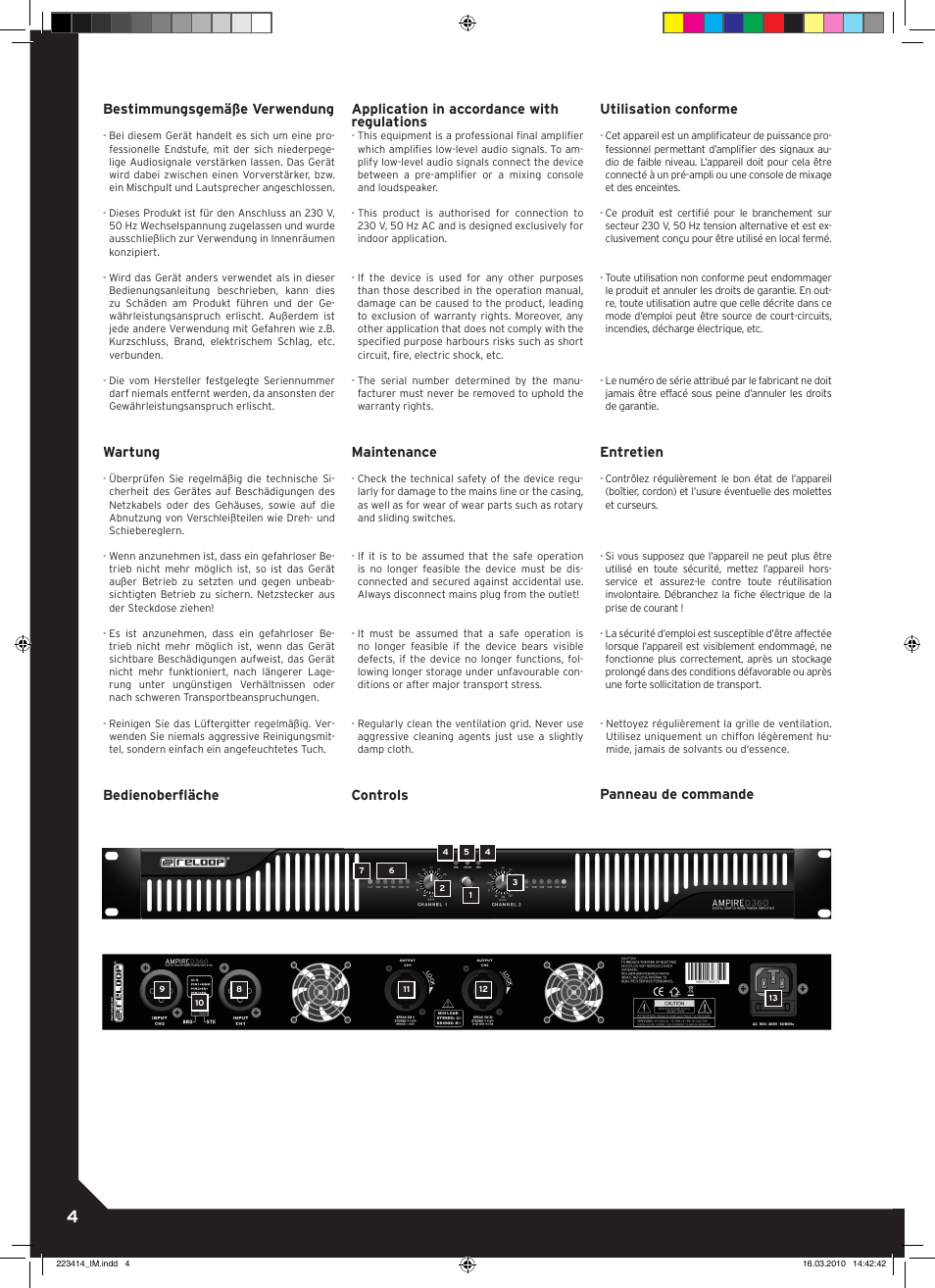 Bestimmungsgemäße verwendung, Wartung, Maintenance | Controls utilisation conforme, Entretien, Panneau de commande | Reloop AMPIRE D360 User Manual | Page 4 / 8