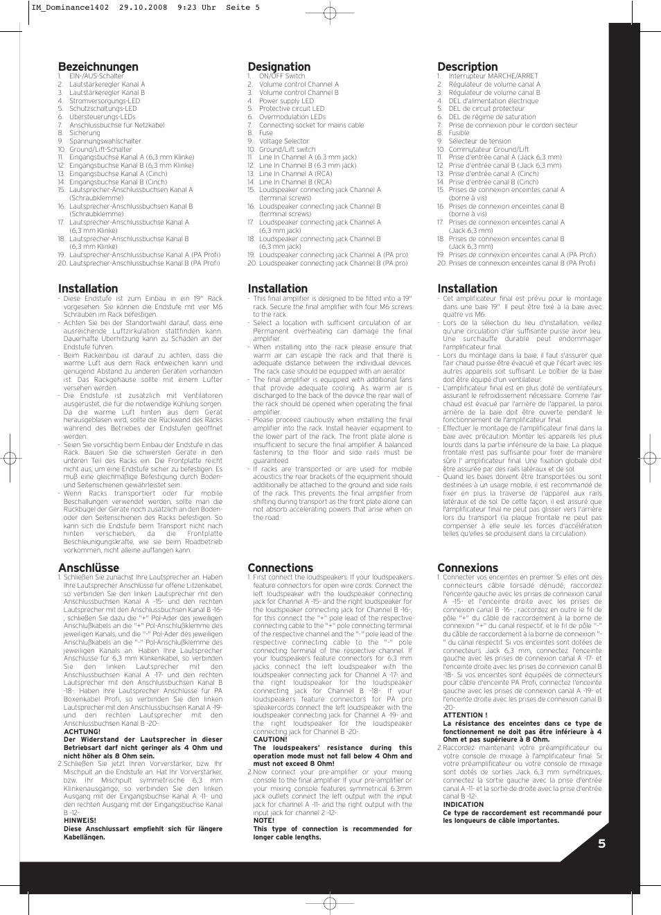 5bezeichnungen, Installation, Anschlüsse | Designation, Connections, Description, Connexions | Reloop DOMINANCE 1402 User Manual | Page 5 / 8