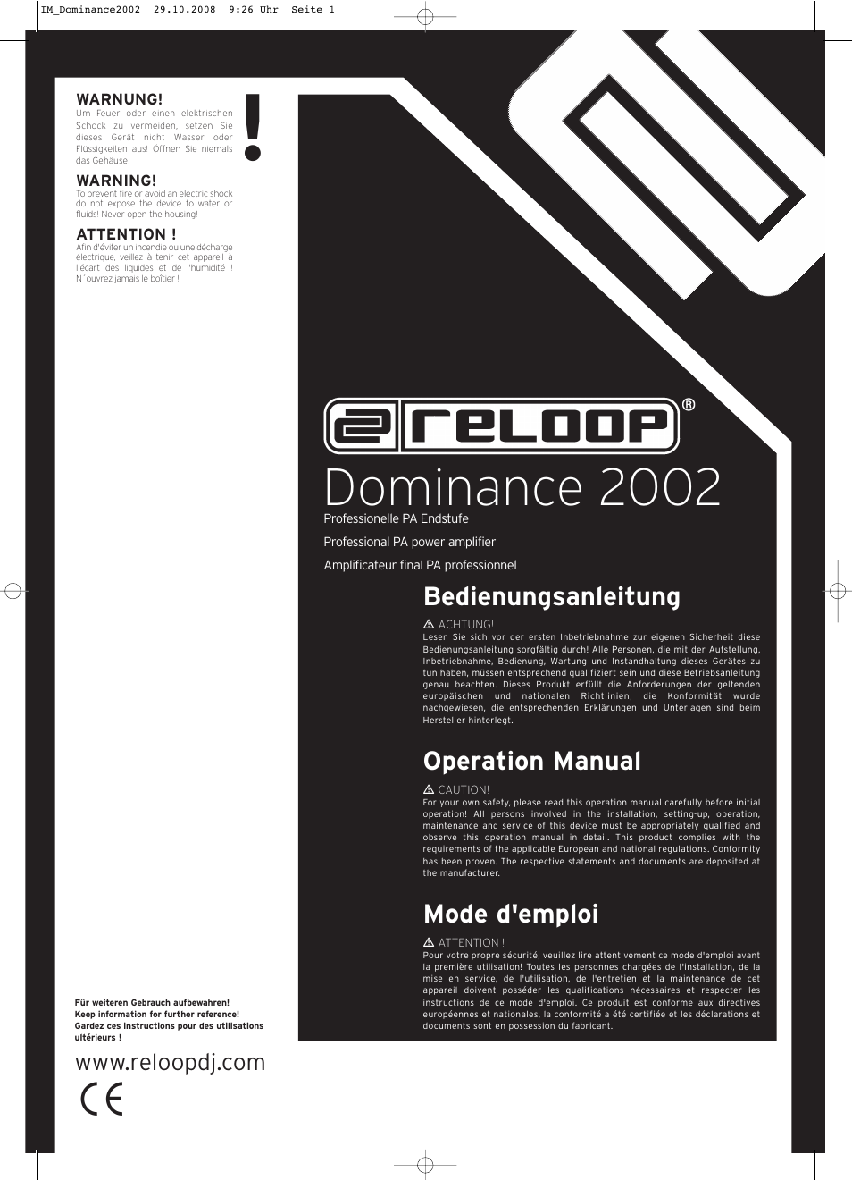 Reloop DOMINANCE 2002 User Manual | 8 pages