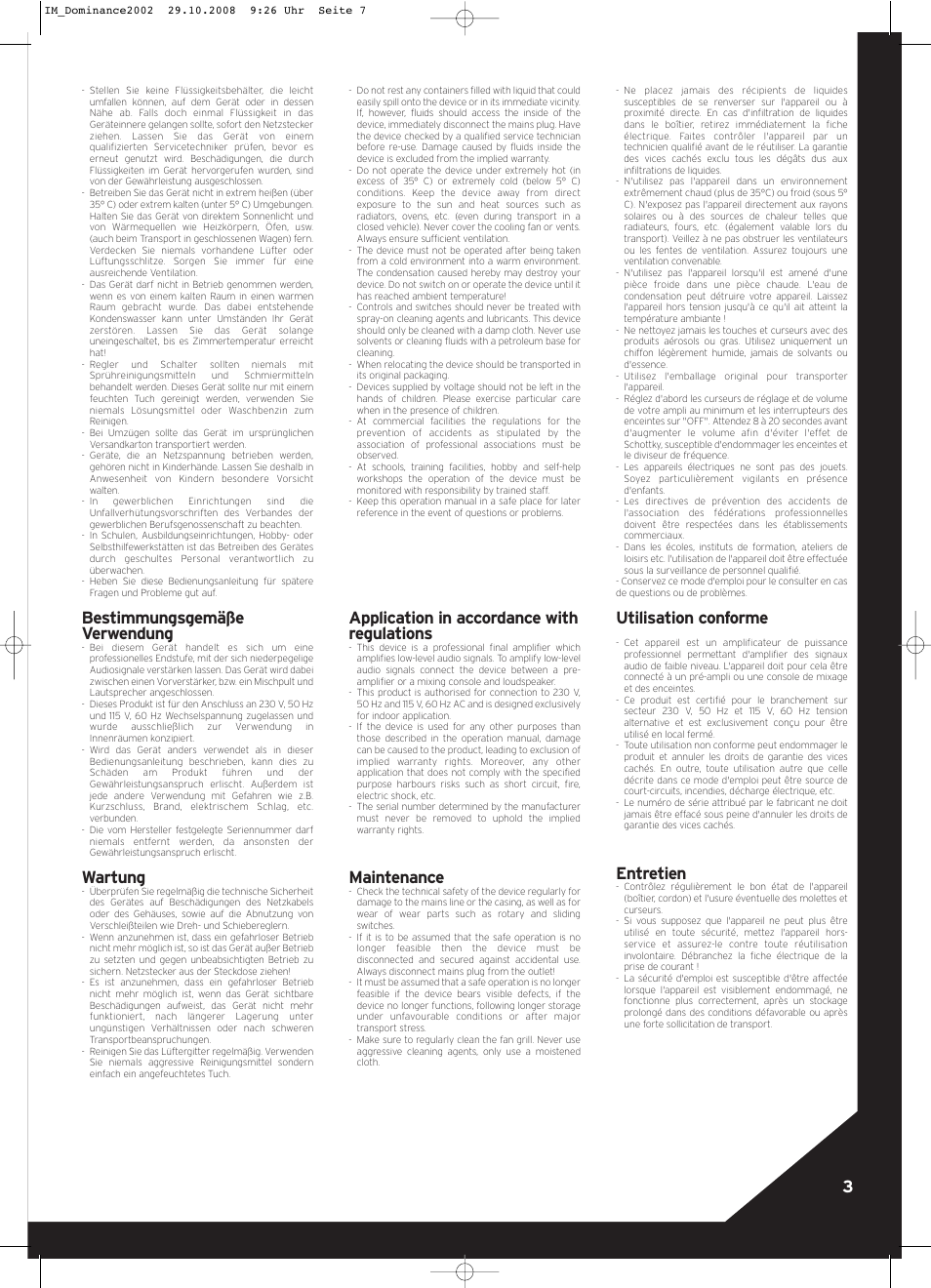 Bestimmungsgemäße verwendung, Wartung, Application in accordance with regulations | Maintenance, Utilisation conforme, Entretien | Reloop DOMINANCE 2002 User Manual | Page 3 / 8