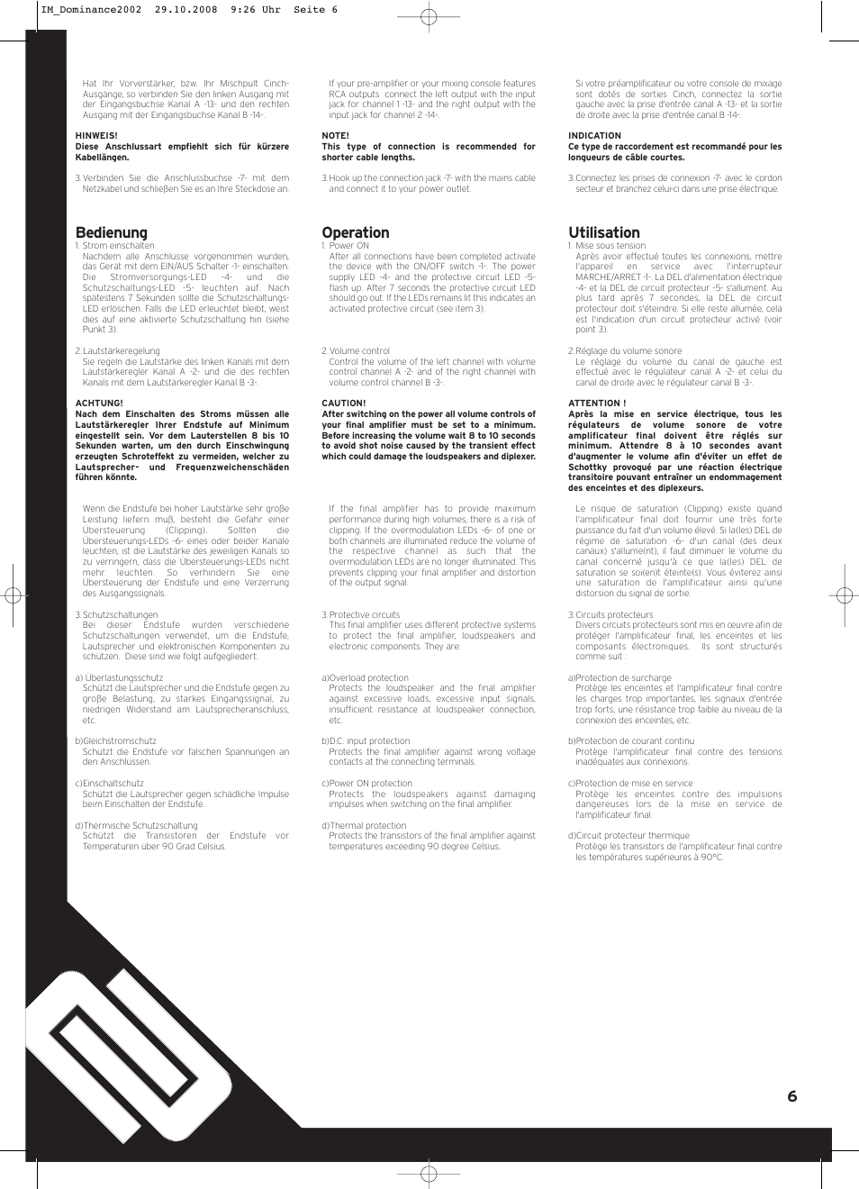 Bedienung, Operation, Utilisation | Reloop DOMINANCE 2002 User Manual | Page 6 / 8