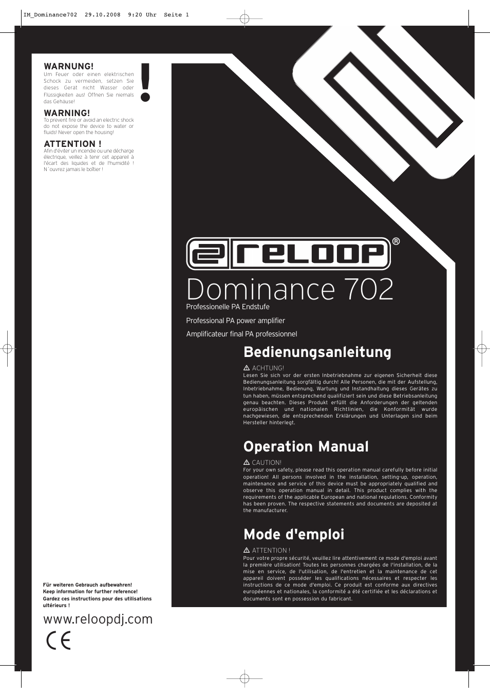 Reloop DOMINANCE 702 User Manual | 8 pages