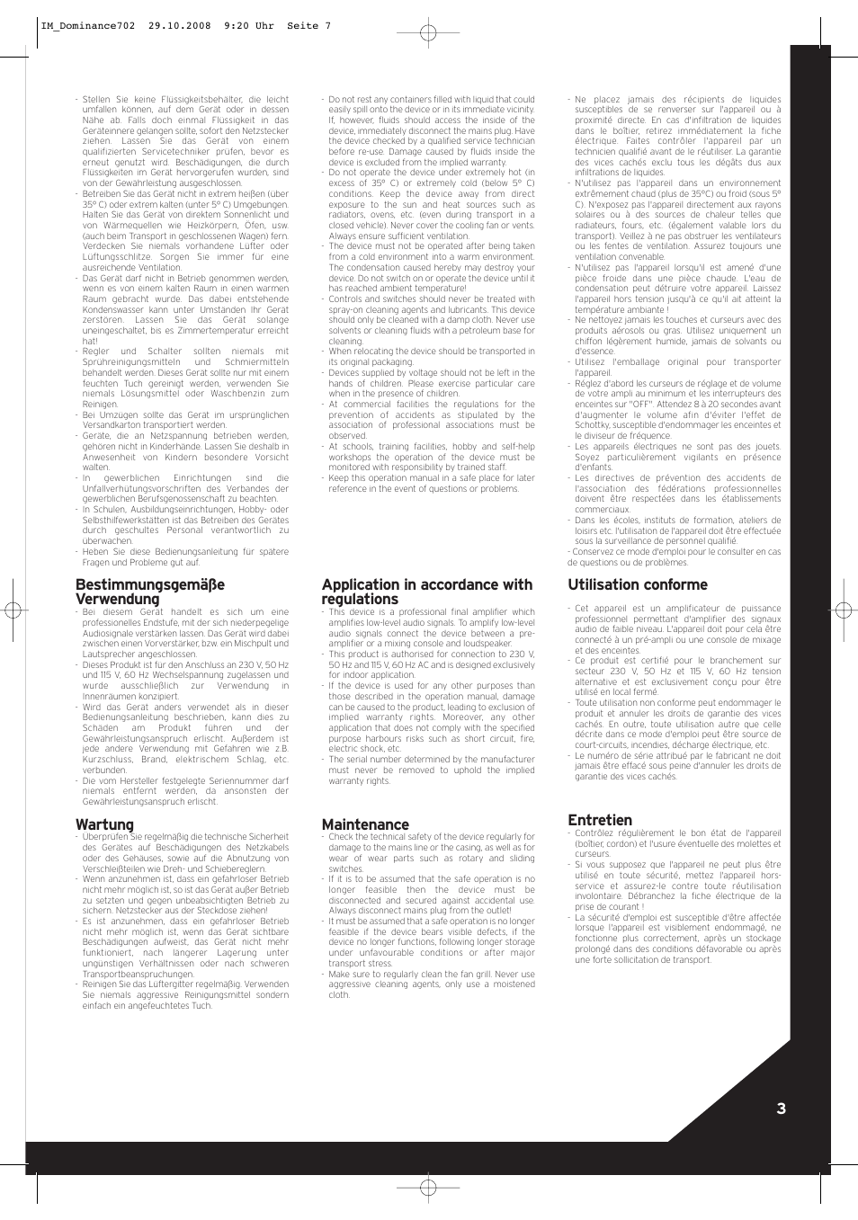 Bestimmungsgemäße verwendung, Wartung, Application in accordance with regulations | Maintenance, Utilisation conforme, Entretien | Reloop DOMINANCE 702 User Manual | Page 3 / 8