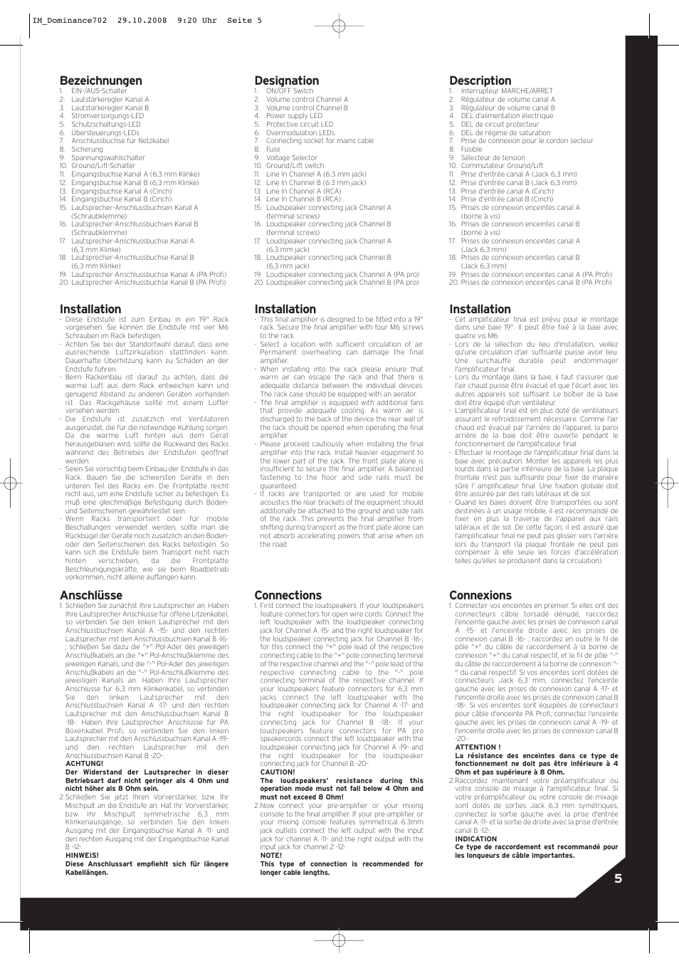 5bezeichnungen, Installation, Anschlüsse | Designation, Connections, Description, Connexions | Reloop DOMINANCE 702 User Manual | Page 5 / 8