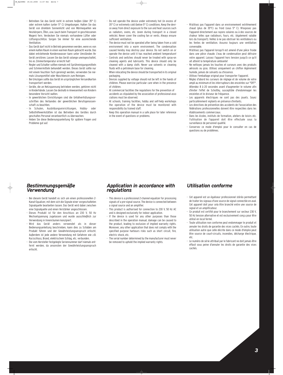 Bestimmungsgemäße verwendung, Application in accordance with regulations, Utilisation conforme | Reloop EQ-15 PRO User Manual | Page 3 / 8