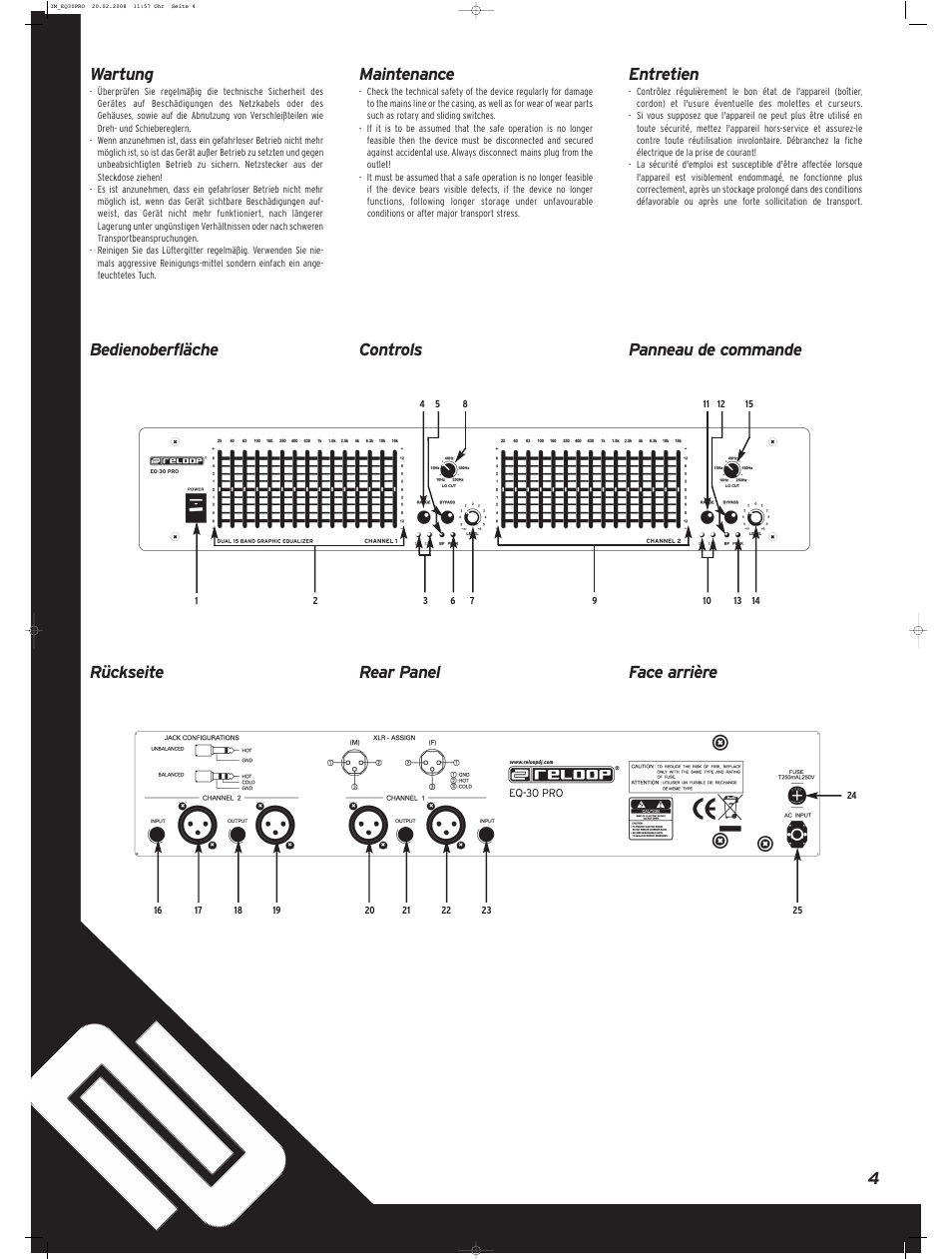 4maintenance, Controls rear panel entretien, Panneau de commande face arrière wartung | Bedienoberfläche rückseite | Reloop EQ-15 PRO User Manual | Page 4 / 8