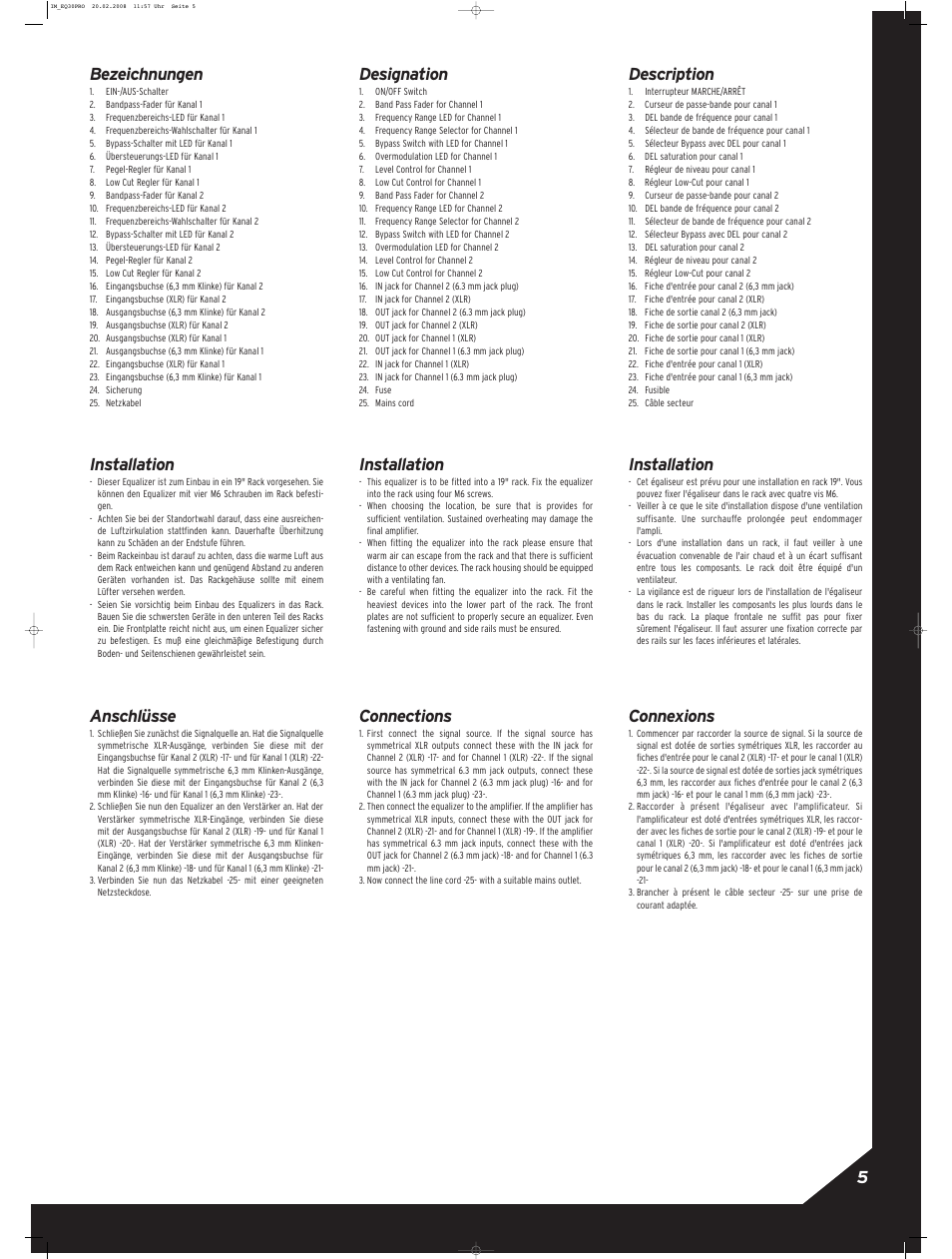 5bezeichnungen, Installation, Anschlüsse | Designation, Connections, Description, Connexions | Reloop EQ-15 PRO User Manual | Page 5 / 8